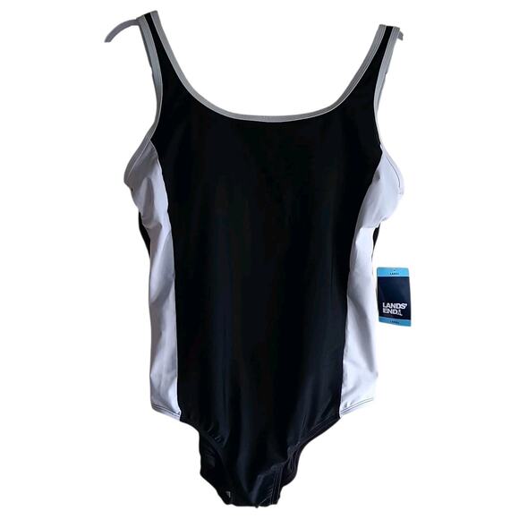 Lands' End One-Piece Swimsuit Women's Scoop Neck Black White Side Stripe Large - Picture 7 of 7